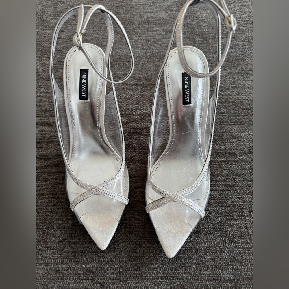 Nine West Womens Parise Ankle Strap Open Toe Dressy Heels Shoes Size 11M Silver